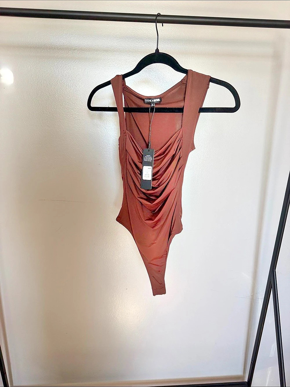 Fashion Nova Cute Demeanor Square Neck Ruched Bodysuit Brown X-Small